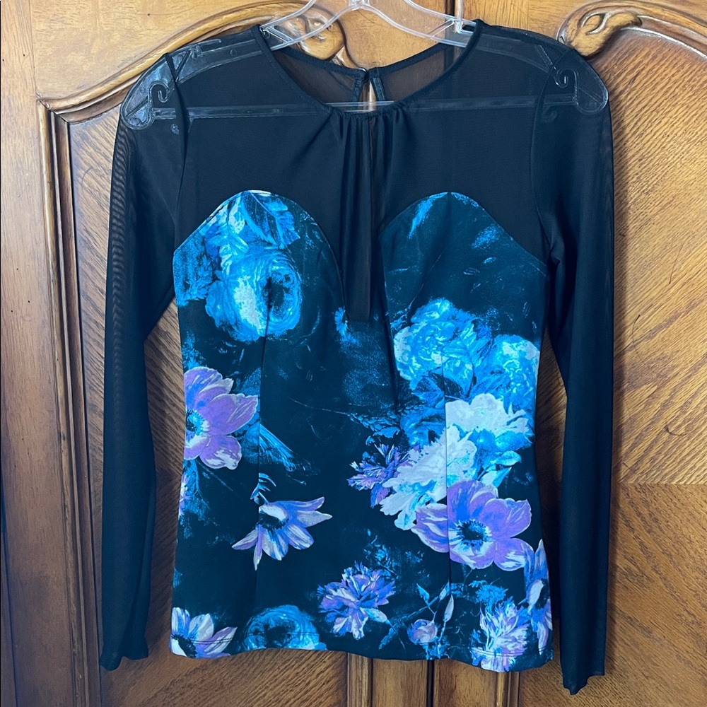 GUESS Black Long-Sleeve Floral Bustier Top with Blue and Purple Print